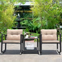 Tangkula 3 Pieces Patio Wicker Rocking Set, Outdoor Rocking Chairs And Table Set With Cushions, Glass Coffee Table With Storage Shelf, Suitable For Patio, Garden, Poolside, Balcony (Beige)