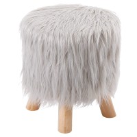 Birdrock Home Silver Faux Fur Foot Stool Ottoman - Soft Compact Padded Seat - Living Room, Bedroom And Kids Room - Natural Wood Legs - Upholstered Decorative Furniture Rest - Vanity Seat