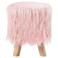 Birdrock Home Pink Faux Fur Foot Stool Ottoman - Soft Compact Padded Seat - Living Room, Bedroom And Kids Room Chair - Natural Wood Legs Upholstered Decorative Furniture Rest - Vanity Seat