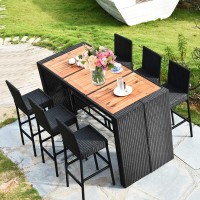 Tangkula 7 Pcs Outdoor Wicker Furniture With Acacia Wood Bar Table Top And Removable Cushion, Conversation Set For Dining, Patios, Backyards, Porches, Gardens And Poolside (Black)