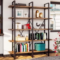 Ironck Industrial Bookshelf And Bookcase Double Wide 5 Tier, Large Open Shelves, Wood And Metal Bookshelves For Home Office Furniture, Easy Assembly