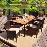 Tangkula 7 Pcs Outdoor Patio Dining Set, Garden Dining Set W/Acacia Wood Table Top, Stackable Chairs With Soft Cushion, Poly Wicker Dining Table And Chairs Set (Brown)