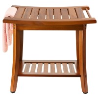 Utoplike Teak Shower Bench Seat With Handles, Portable Wooden Spa Bathing Stool With Storage Towel Shelf, 22