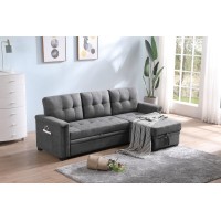 Ashlyn Gray Woven Fabric Sleeper Sectional Sofa Chaise with USB Charger and Tablet Pocket