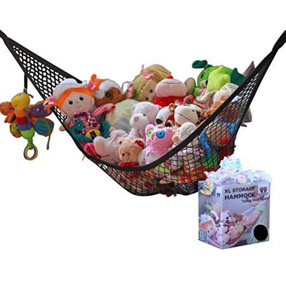 Miniowls Toy Storage Hammock - Organizational Stuffed Animal Net For Play Room Or Bedroom. Fits 30-40 Plushies. Comes In A Gift Box. (Black, X-Large)