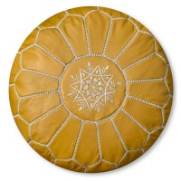 Premium Moroccan Leather Pouf - Handmade - Delivered Stuffed - Ottoman, Footstool, Floor Cushion (Yellow)