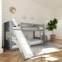 Max Lily Low Bunk Bed, Twin-Over-Twin Wood Bed Frame For Kids With Slide, Grey