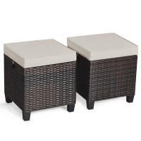 Tangkula 2 Pieces Outdoor Patio Ottoman, All Weather Rattan Wicker Ottoman Seat, Patio Rattan Furniture, Outdoor Footstool Footrest Seat W/Removable Cushions (Brown)