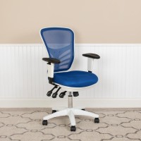 Mid-Back Blue Mesh Multifunction Executive Swivel Ergonomic Office Chair With Adjustable Arms And White Frame