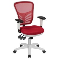 Mid-Back Red Mesh Multifunction Executive Swivel Ergonomic Office Chair With Adjustable Arms And White Frame