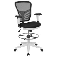 Mid-Back Black Mesh Ergonomic Drafting Chair With Adjustable Chrome Foot Ring, Adjustable Arms And White Frame