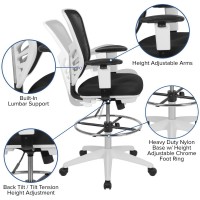 Mid-Back Black Mesh Ergonomic Drafting Chair With Adjustable Chrome Foot Ring, Adjustable Arms And White Frame