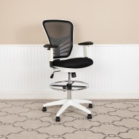 Mid-Back Black Mesh Ergonomic Drafting Chair With Adjustable Chrome Foot Ring, Adjustable Arms And White Frame