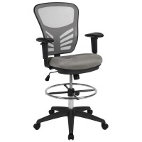 Mid-Back Light Gray Mesh Ergonomic Drafting Chair With Adjustable Chrome Foot Ring, Adjustable Arms And Black Frame