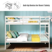 Costzon Twin Over Twin Bunk Beds, Wood Convertible Two Beds, Solid Rubberwood Bunk Bed With 1 Pcs Built-In Ladder And Safety Rails, No Box Spring Needed, Space Saving Bed Frame For Bedroom (White)