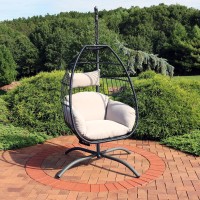 Sunnydaze Oliver Resin Wicker Hanging Egg Chair With Gray Cushions And Steel Stand - 265-Pound Weight Capacity - 76 Inches H