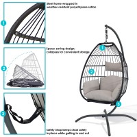 Sunnydaze Oliver Resin Wicker Hanging Egg Chair With Gray Cushions And Steel Stand - 265-Pound Weight Capacity - 76 Inches H