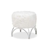 Baxton Studio Celia Modern And Contemporary White Faux Fur Upholstered Silver Metal Ottoman