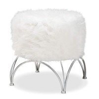 Baxton Studio Celia Modern And Contemporary White Faux Fur Upholstered Silver Metal Ottoman