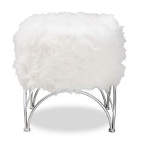 Baxton Studio Celia Modern And Contemporary White Faux Fur Upholstered Silver Metal Ottoman