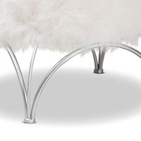 Baxton Studio Celia Modern And Contemporary White Faux Fur Upholstered Silver Metal Ottoman