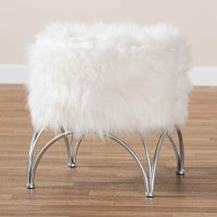 Baxton Studio Celia Modern And Contemporary White Faux Fur Upholstered Silver Metal Ottoman