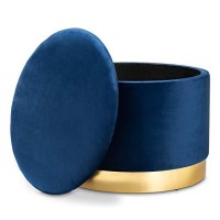 Baxton Studio Marisa Glam And Luxe Navy Blue Velvet Fabric Upholstered Gold Finished Storage Ottoman