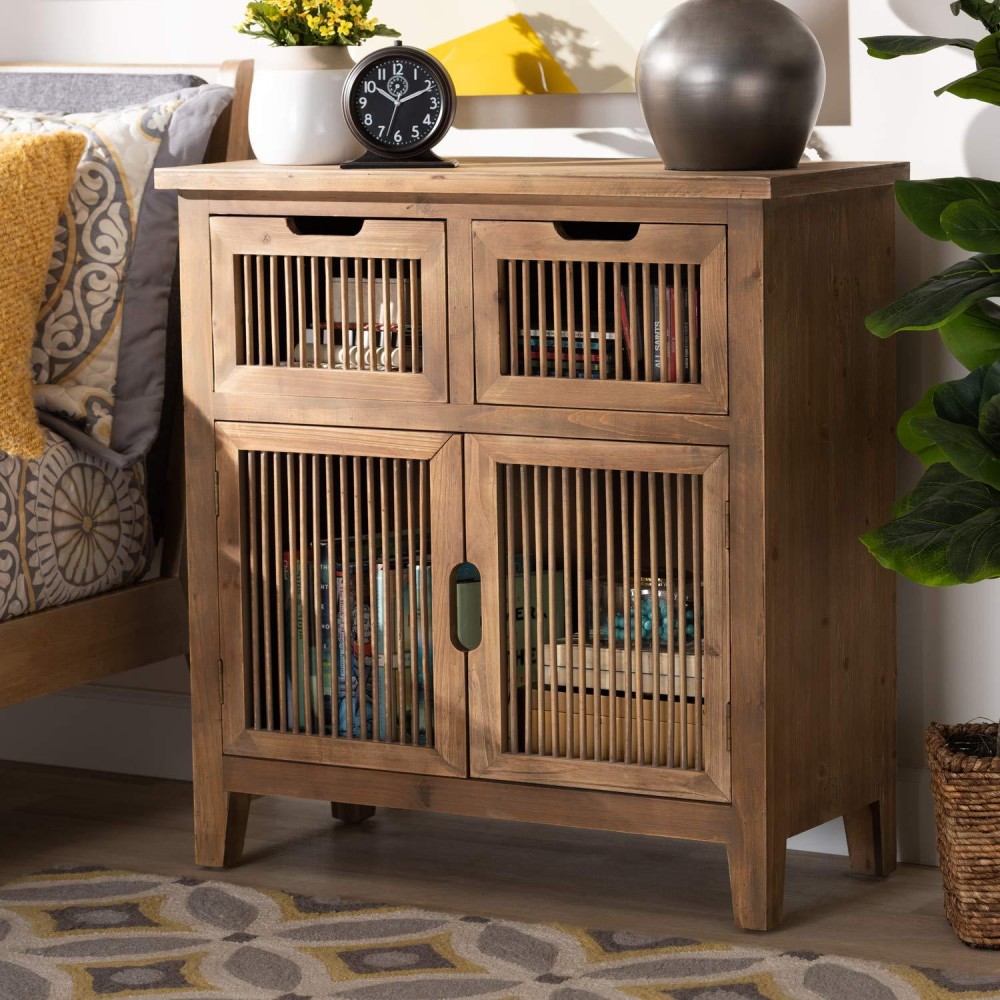 Baxton Studio Clement Rustic Transitional Medium Oak Finished 2-Door And 2-Drawer Wood Spindle Accent Storage Cabinet