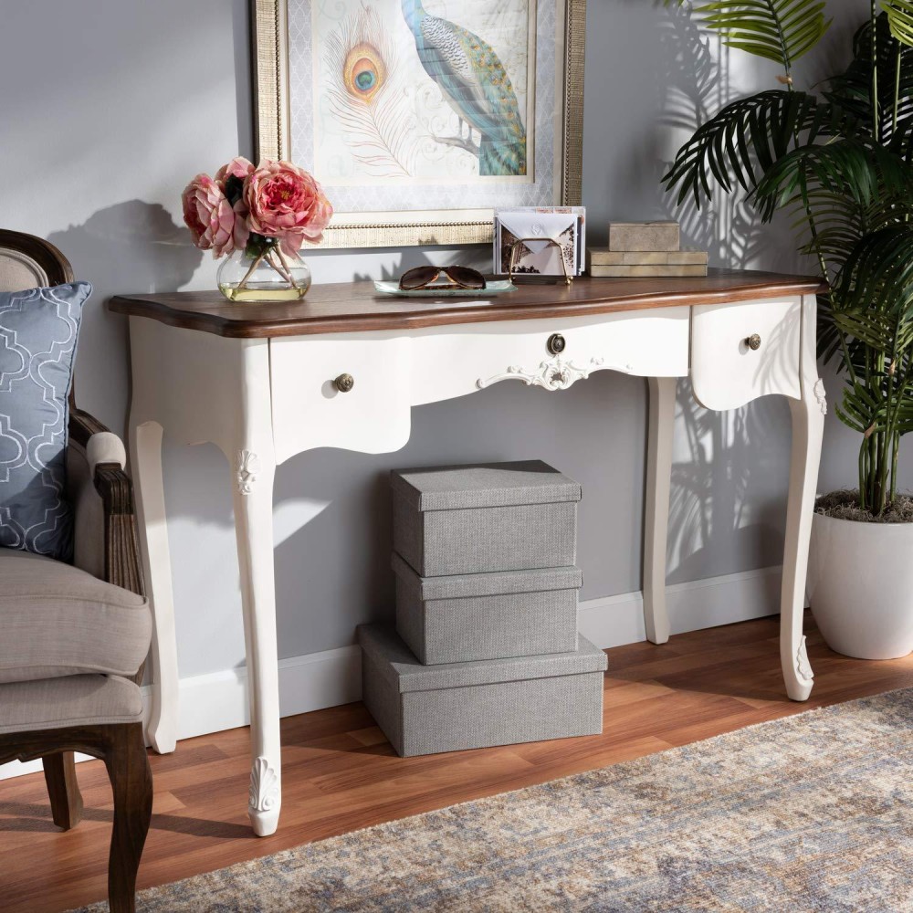 Baxton Studio Sophie Classic Traditional French Country White And Brown Finished Large 3-Drawer Wood Console Table