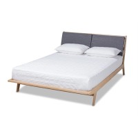 Baxton Studio Emile Modern And Contemporary Grey Fabric Upholstered Natural Oak Finished Wood King Size Platform Bed