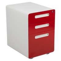 Ergonomic 3-Drawer Mobile Locking Filing Cabinet With Anti-Tilt Mechanism & Letter/Legal Drawer, White With Red Faceplate