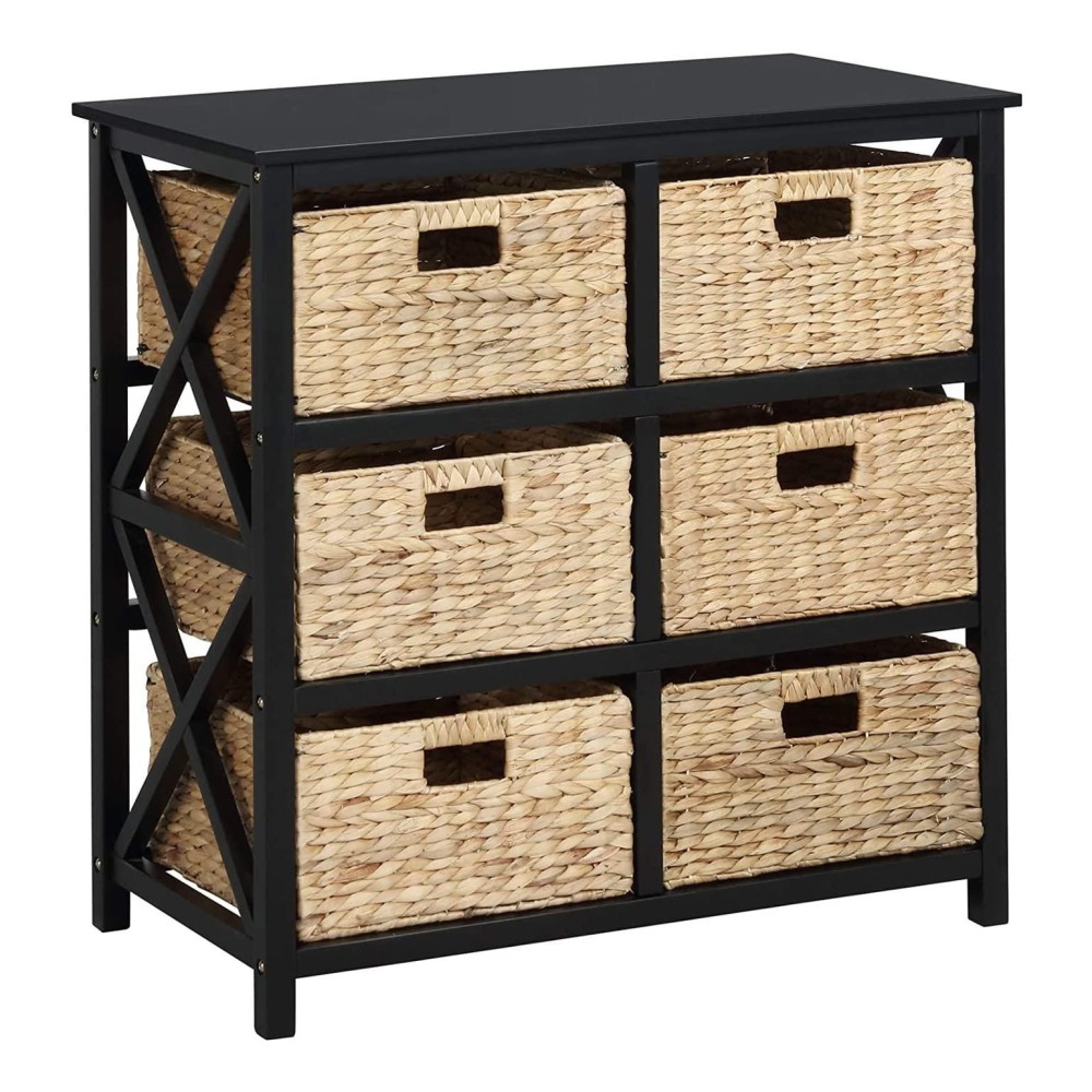 Ehemco 3 Tier X-Side End Storage Cabinet With 6 Wicker Baskets, Black