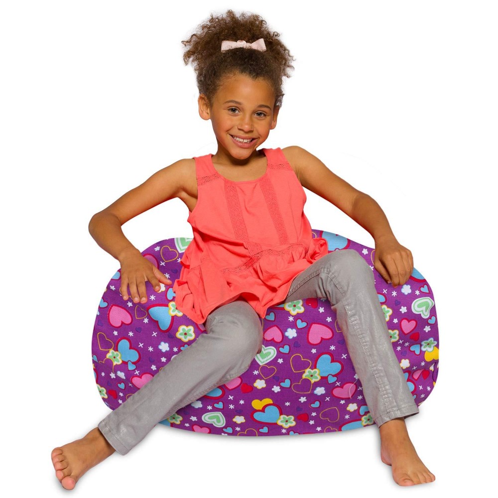 Posh Beanbags Bean Bag Chair, Medium-27In, Canvas Multi-Colored Hearts On Purple