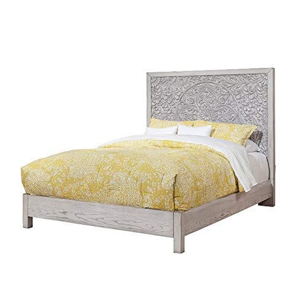 Benjara Wooden Queen Size Bed With Carved High Headboard, Gray