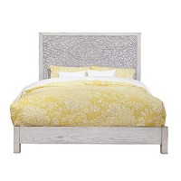 Benjara Wooden Queen Size Bed With Carved High Headboard, Gray