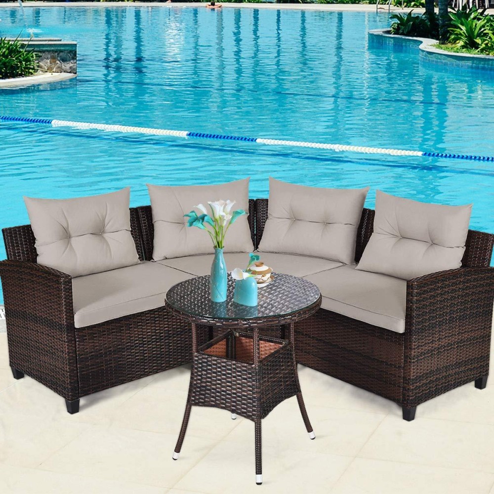 Tangkula 4-Piece Patio Furniture Set, C-Shape Outdoor Wicker Sectional Sofa Set, W/Cushions & Glass Coffee Table, Modern Deck Rattan Furniture For Garden Poolside Balcony (Beige)