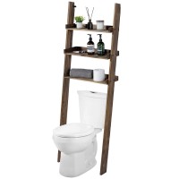 Mygift 5.5 Foot Tall Rustic Burnt Solid Wood Over The Toilet Decorative Ladder Standing Shelf, 3 Tier Bathroom Organizer Leaning Storage Shelves Rack Stand