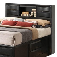 Wooden Queen Size Bed with Chamfered Drawer Fronts and Open Shelf, Black