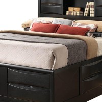 Wooden Queen Size Bed with Chamfered Drawer Fronts and Open Shelf, Black