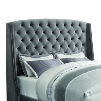 Fabric Upholstered Wooden Eastern King Size Bed with Winged Headboard, Gray