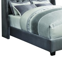 Fabric Upholstered Wooden Eastern King Size Bed with Winged Headboard, Gray