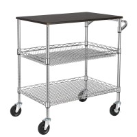 Finnhomy 3 Tier Heavy Duty Commercial Grade Utility Cart With Wood Top, Wire Rolling Cart With Handle Bar, Steel Service Cart With Wheels, Utility Shelf Food Storage Trolley, Nsf Listed