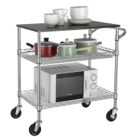 Finnhomy 3 Tier Heavy Duty Commercial Grade Utility Cart With Wood Top, Wire Rolling Cart With Handle Bar, Steel Service Cart With Wheels, Utility Shelf Food Storage Trolley, Nsf Listed