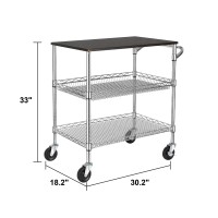 Finnhomy 3 Tier Heavy Duty Commercial Grade Utility Cart With Wood Top, Wire Rolling Cart With Handle Bar, Steel Service Cart With Wheels, Utility Shelf Food Storage Trolley, Nsf Listed