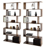 Tangkula 6-Tier Geometric Bookcase, Modern S-Shaped Storage Display Bookshelf For Living Room, Anti-Toppling Device, Home Office Wooden 6 Shelf Open Bookcase (2, Coffee)