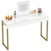 Greenforest Vanity Desk With 2 Drawers 47 Inch White Desk With Glossy Desktop Easy Clean Makeup Dressing Table With Metal Gold L