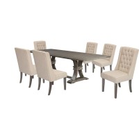 7 Piece Dining Set Extendable wtwo 16Side Leaves Extension 6 Chairs in Beige Linen