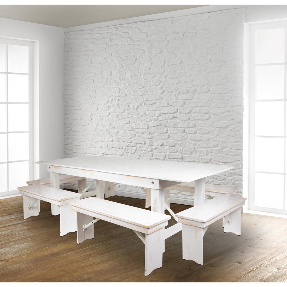 HERCULES Series 8 x 40 Antique Rustic White Folding Farm Table and Six Bench Set