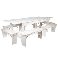 HERCULES Series 8 x 40 Antique Rustic White Folding Farm Table and Six Bench Set