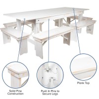 HERCULES Series 8 x 40 Antique Rustic White Folding Farm Table and Six Bench Set